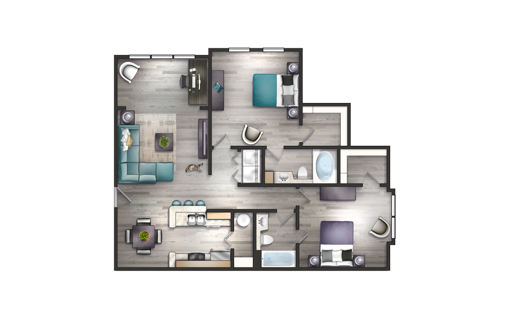 Wren II - Newly Redesigned + Bonus Room - 2 bedroom floorplan layout with 2 baths and 1158 square feet.