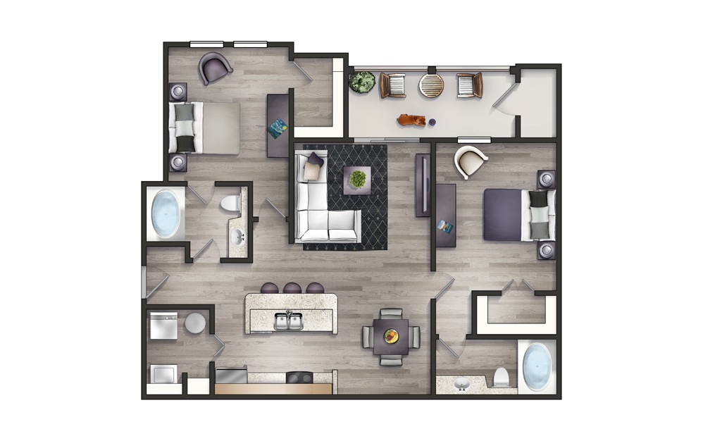 Jasmine II - Newly Redesigned - 2 bedroom floorplan layout with 2 bath and 1196 square feet. Additional space for office or game room.
