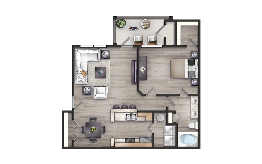 Poinsett II - Newly Redesigned - 1 bedroom floorplan layout with 1 bath and 857 square feet. Additional space for office or game room.