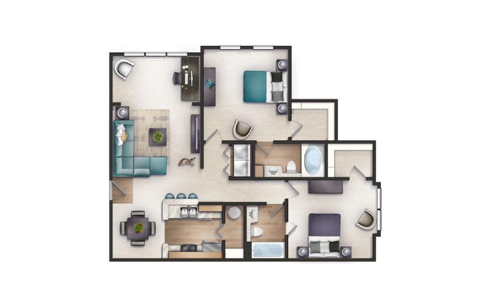Wren + Bonus Room - 2 bedroom floorplan layout with 2 baths and 1158 square feet.